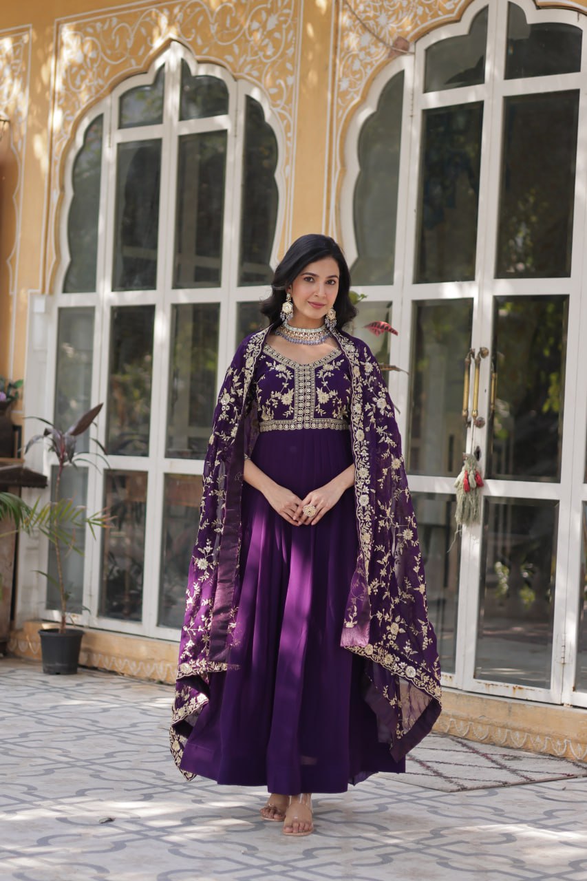 Purple color faux blooming gown with dupatta price