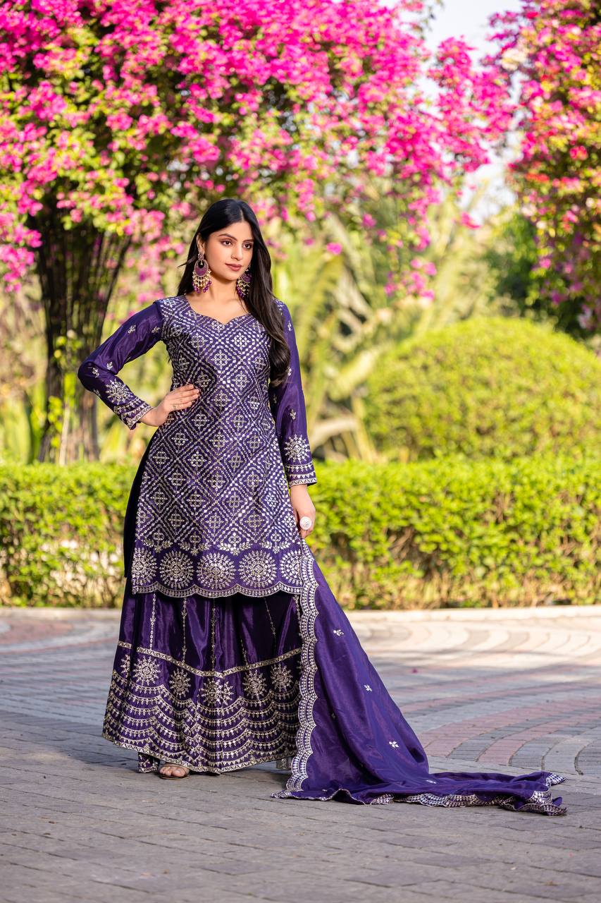 Purple color chinon sharara suit for women