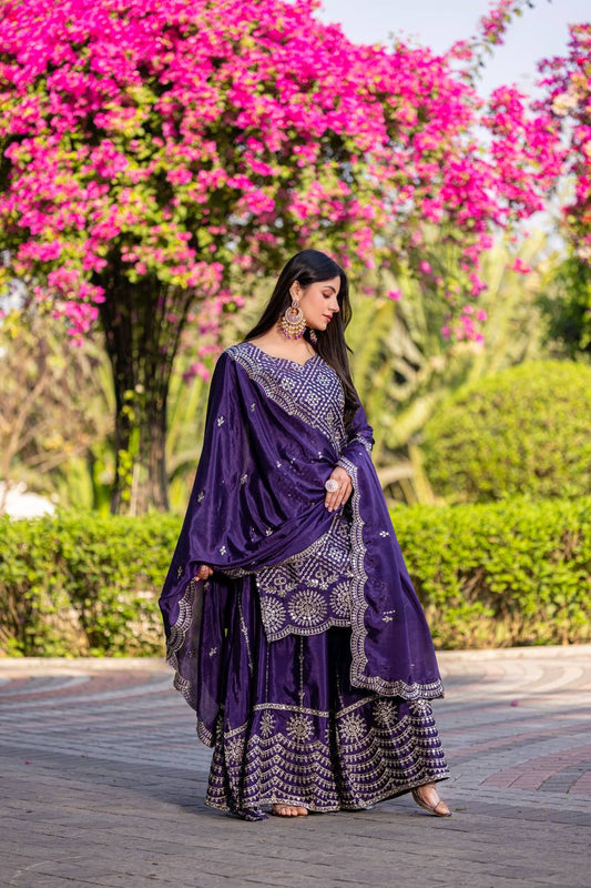 Purple color chinon sharara suit for wedding