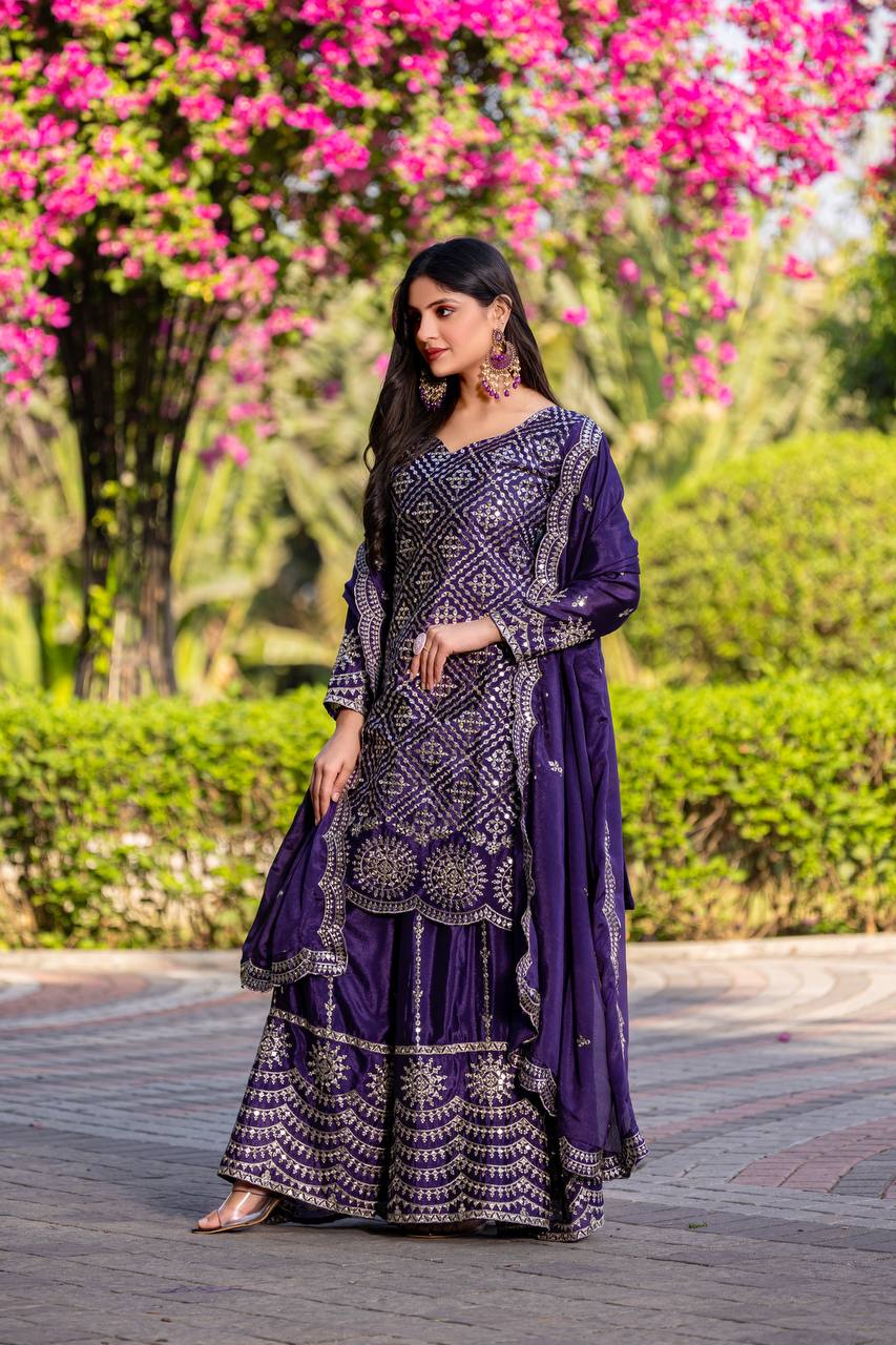 Purple color chinon sharara suit with online shopping