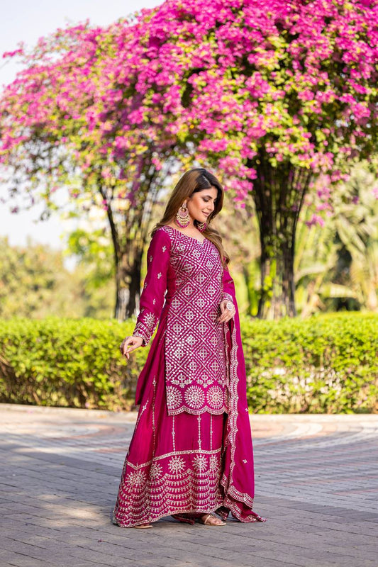 Pink color chinon sharara suit for wedding