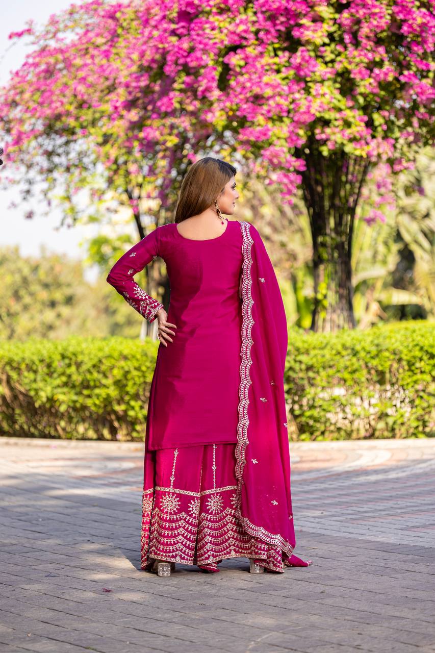 Pink color chinon sharara suit with dupatta online shopping