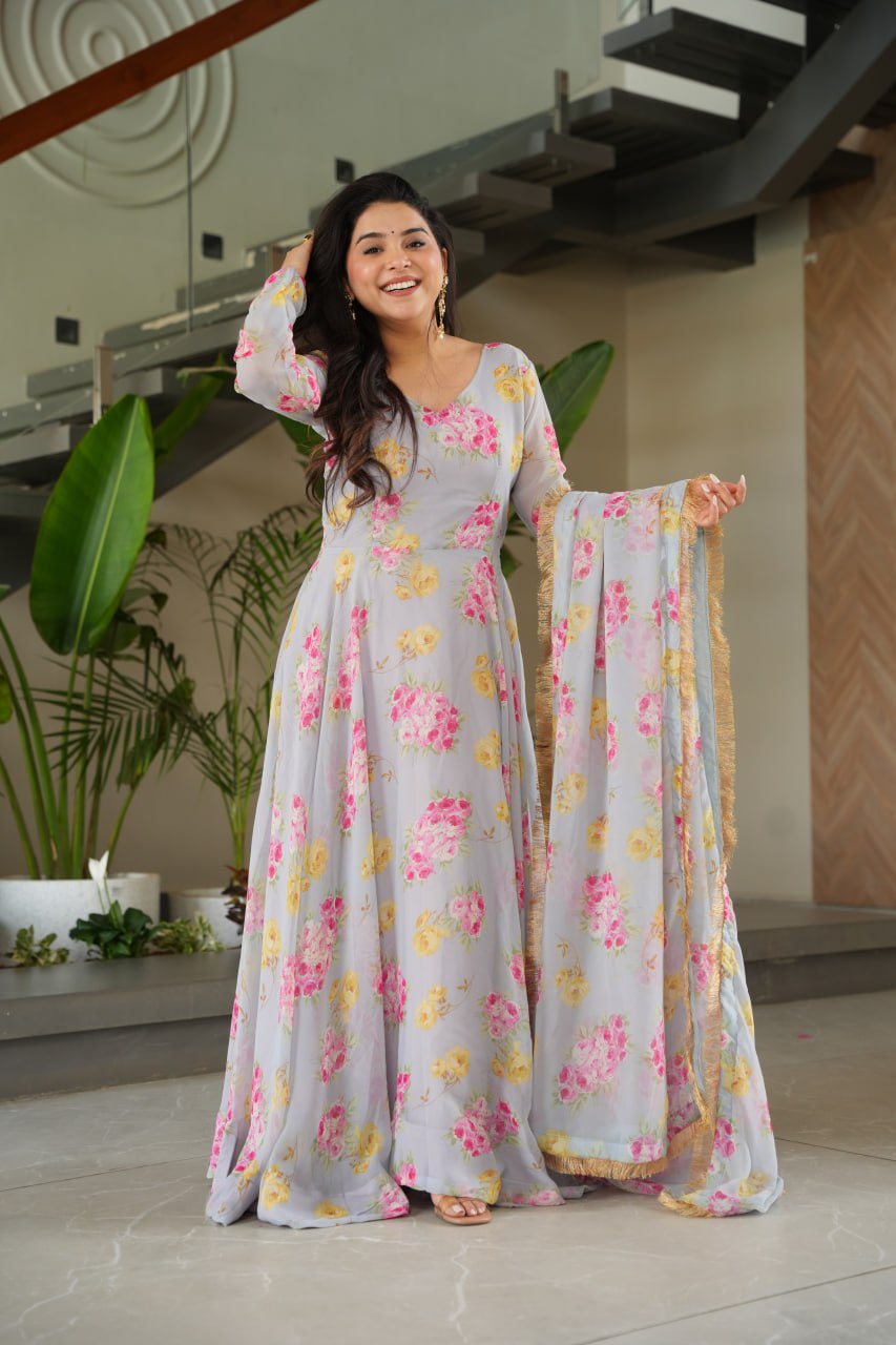 Grey color georgette printed gown for women