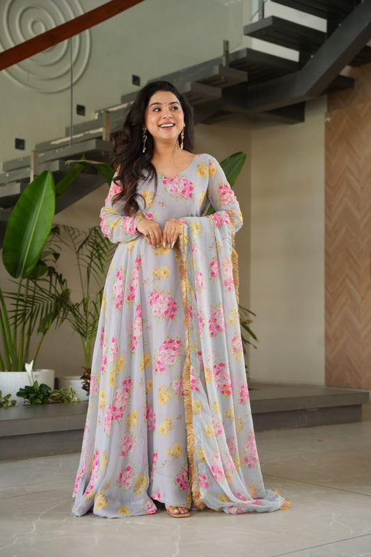 Grey color georgette printed gown for party