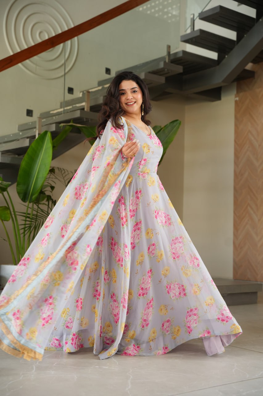 Grey color georgette printed gown with dupatta images