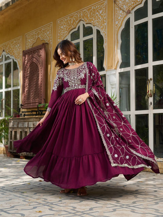Wine color vichitra silk gown for wedding