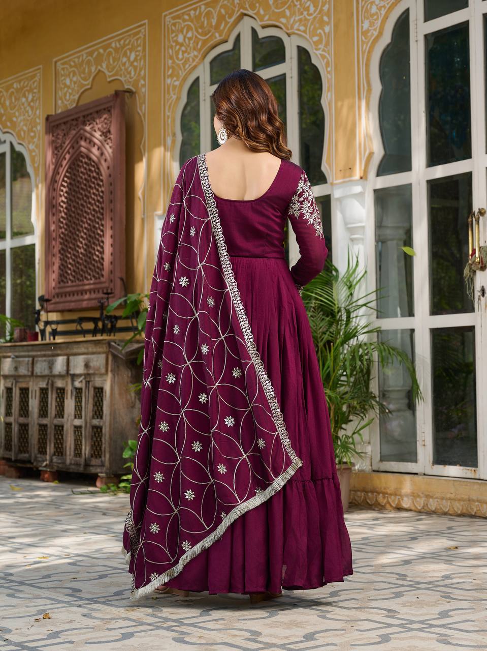 Wine color vichitra silk gown with price