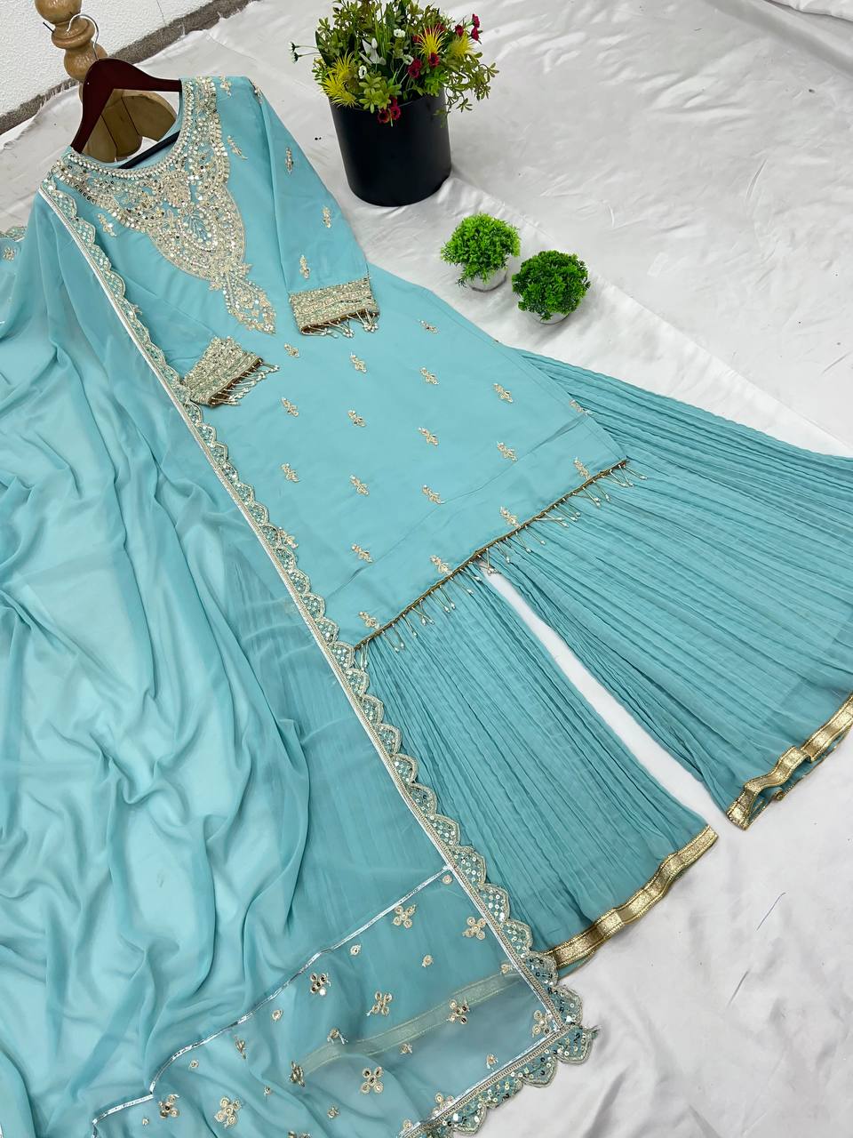 Sky color georgette sharara suit for wedding