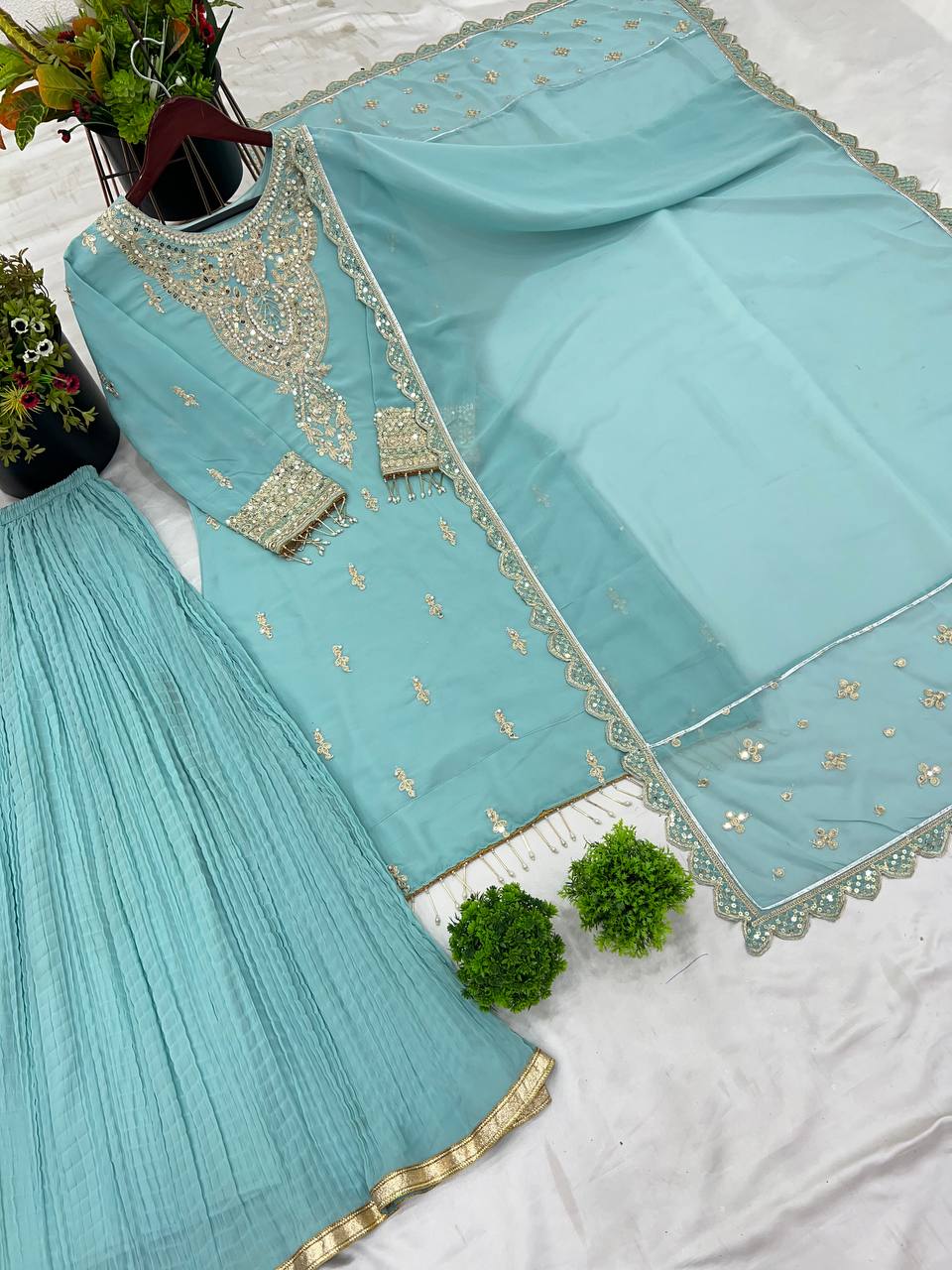 Sky color georgette sharara suit with dupatta price