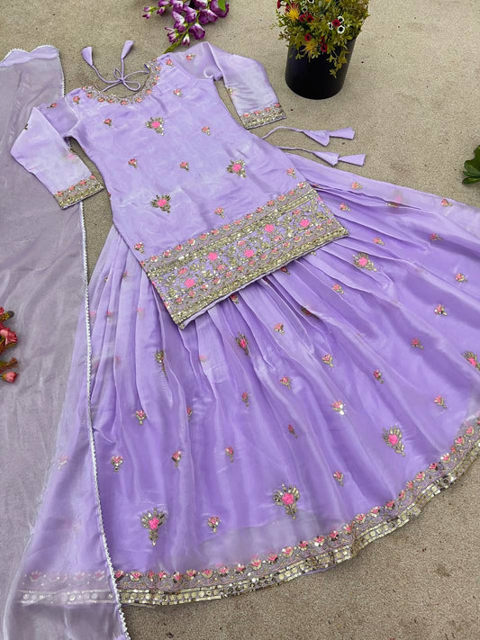 Lavender color jimmy choo silk lehenga top with dupatta