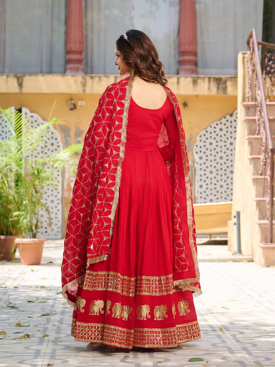 Red color vichitra silk gown with dupatta design