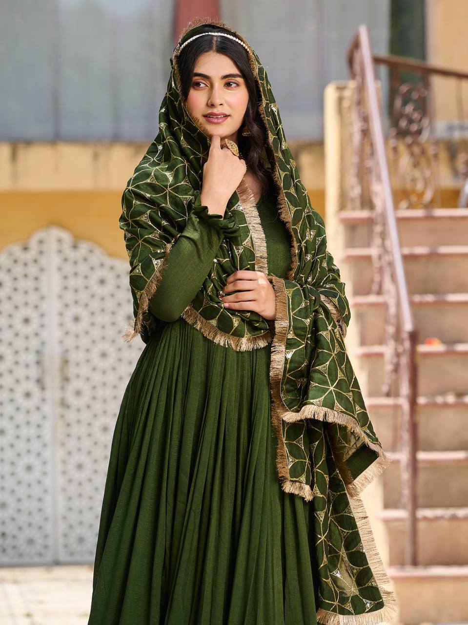 Green color vichitra silk gown with dupatta price