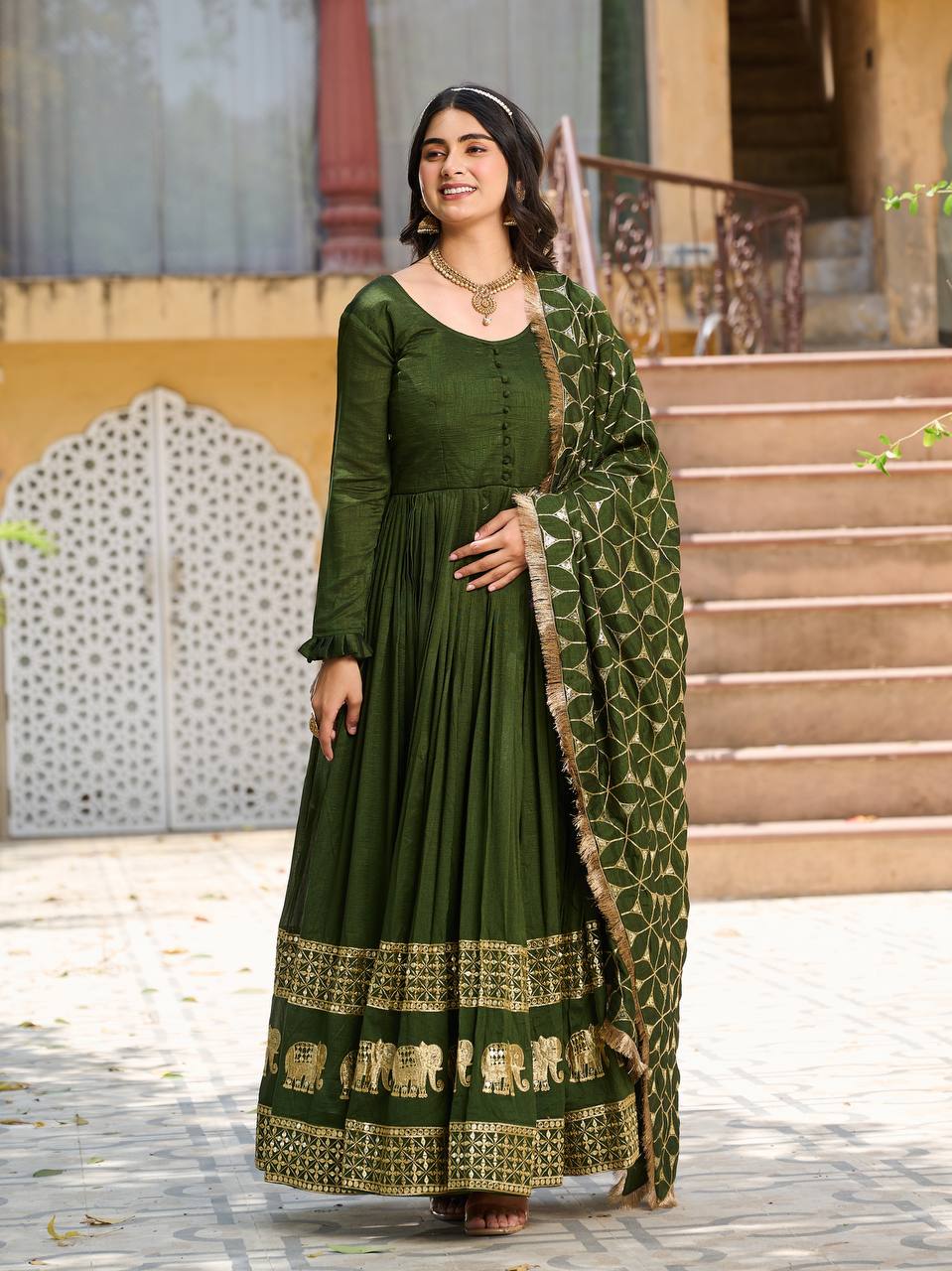 Green Color Vichitra Silk Stitched Gown For Mehendi Ragthm Green Color Vichitra Silk Stitched Gown For Mehendi Ragthm