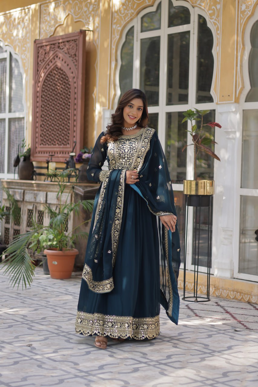 Rama color faux blooming gown with dupatta online