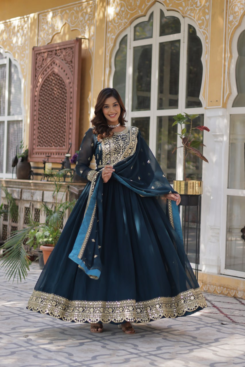 Rama color faux blooming gown with dupatta images