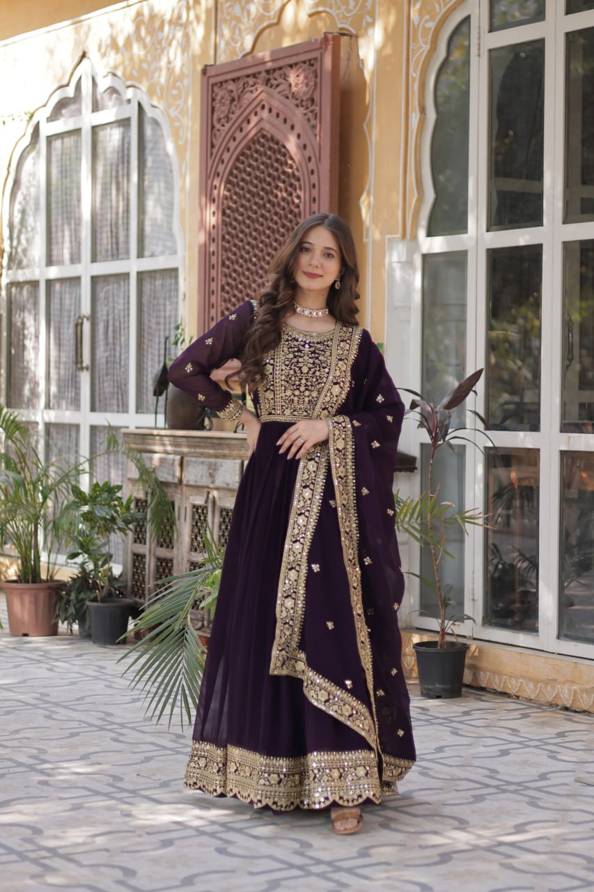 Purple color faux blooming gown for women