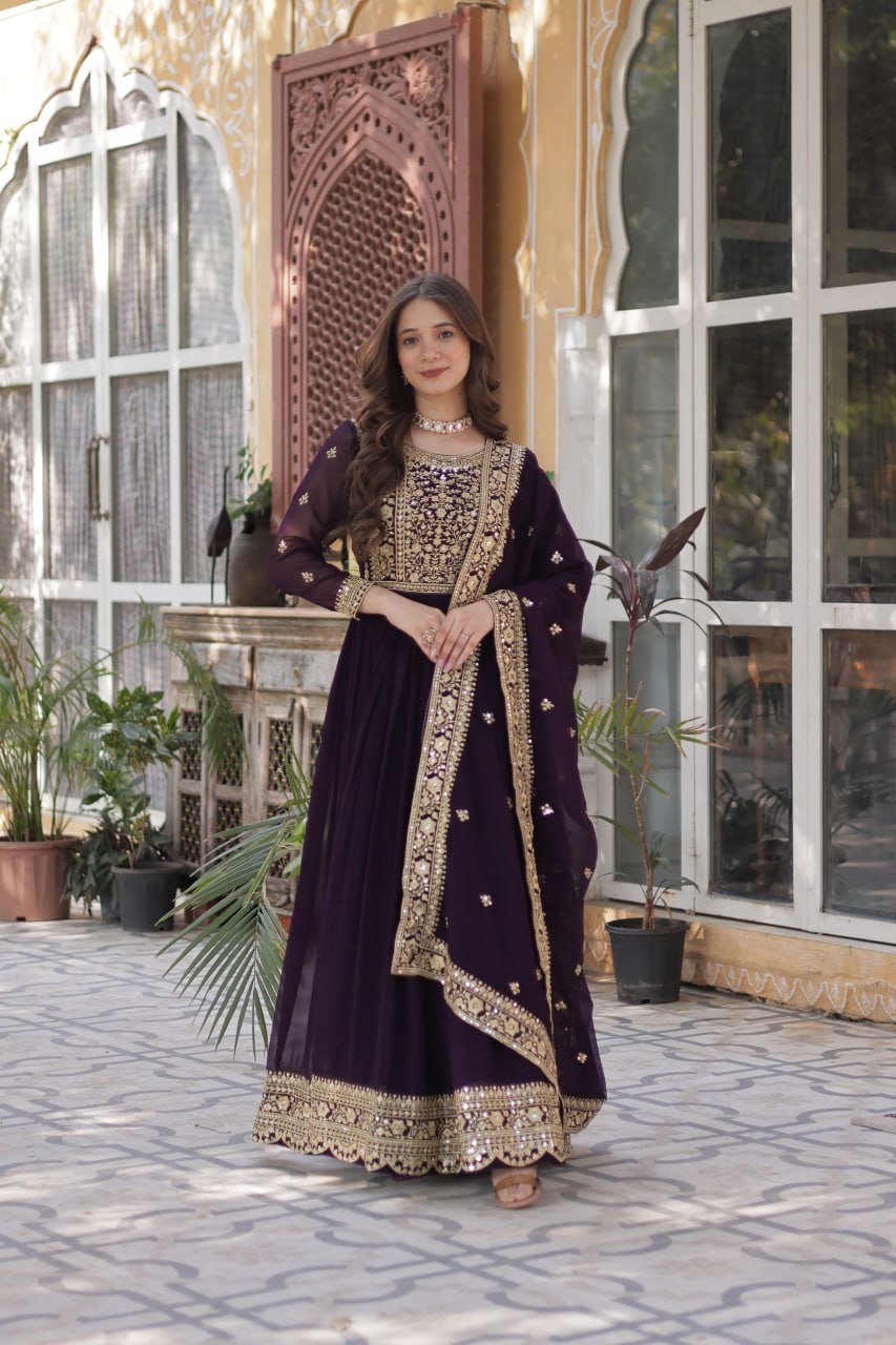 Purple color faux blooming gown with dupatta price