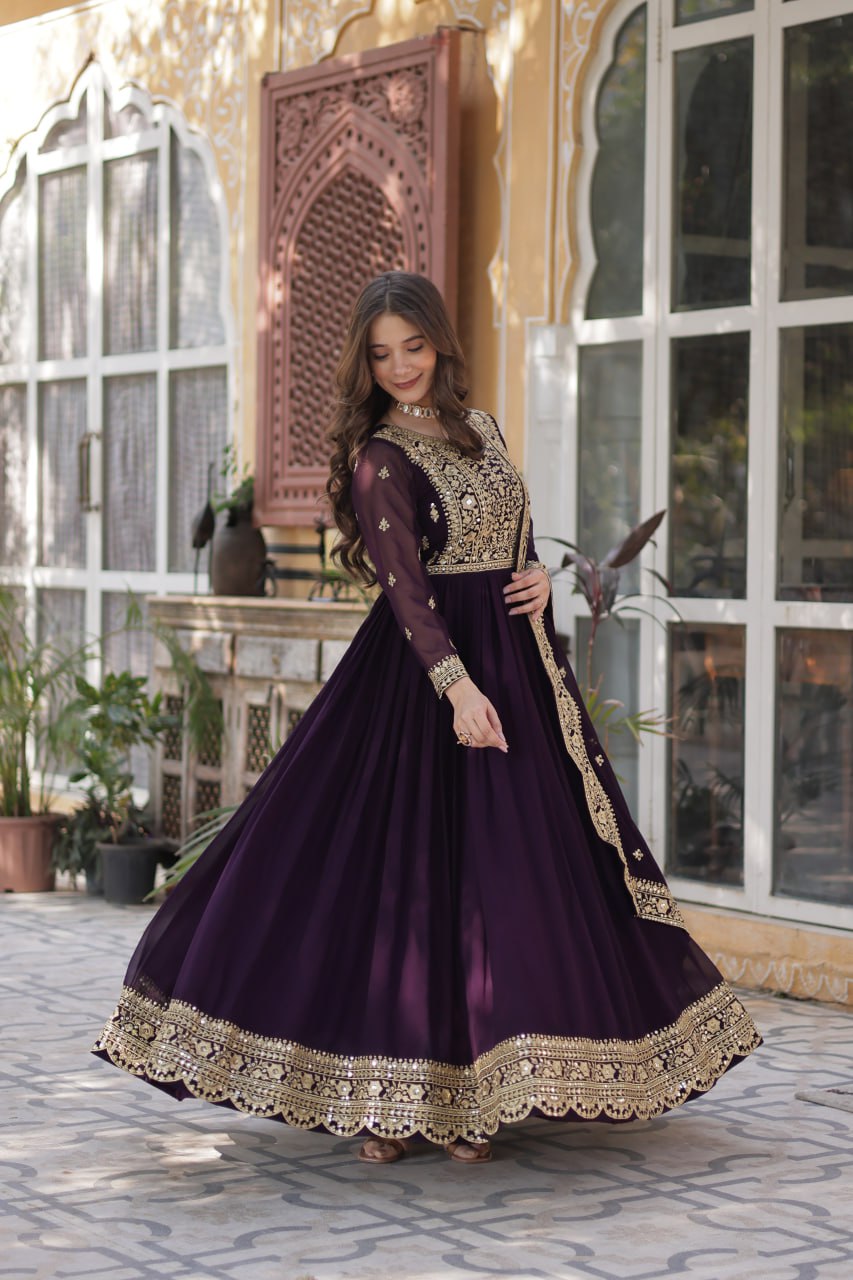 Purple color faux blooming gown with dupatta online