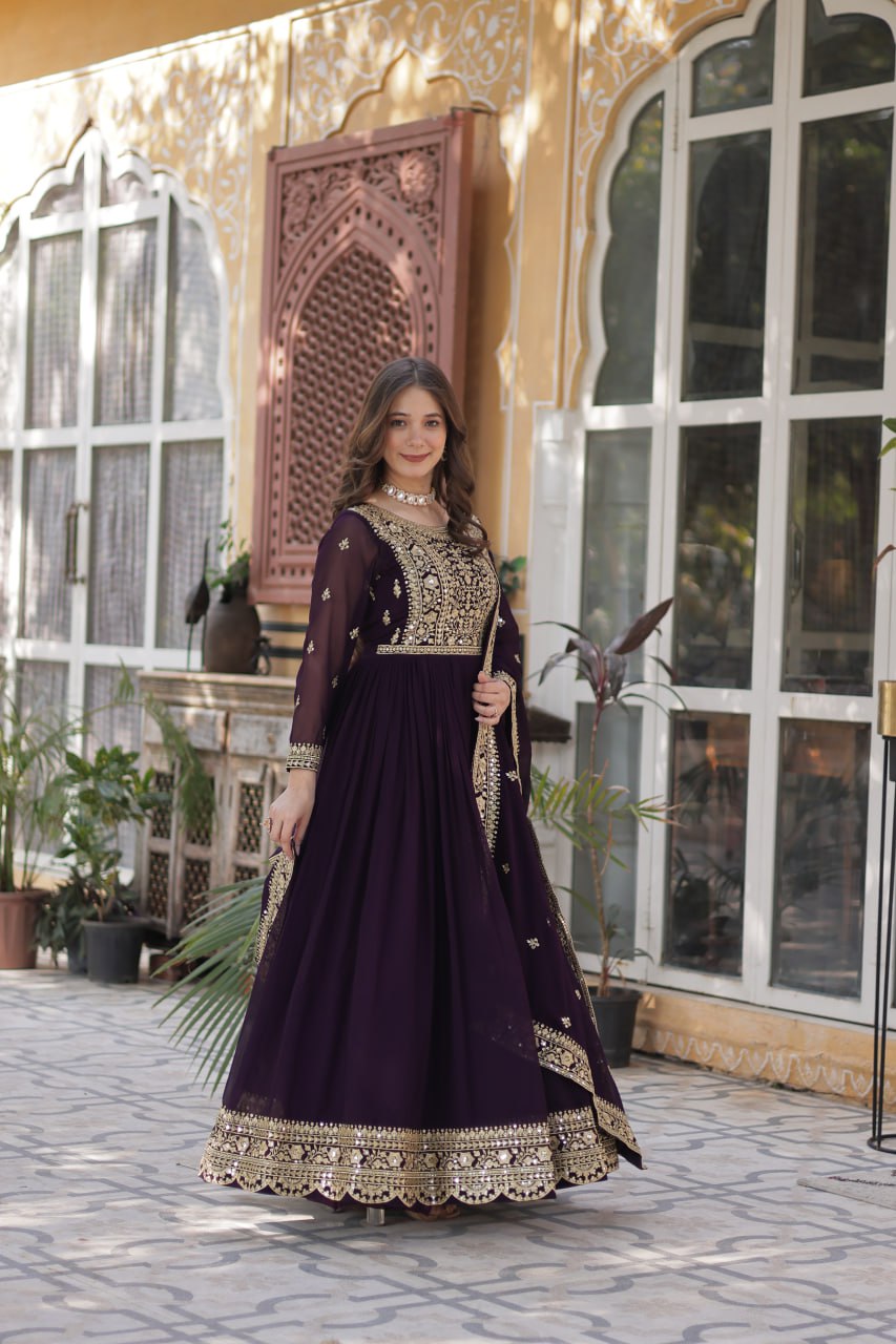 Purple color faux blooming gown with dupatta price