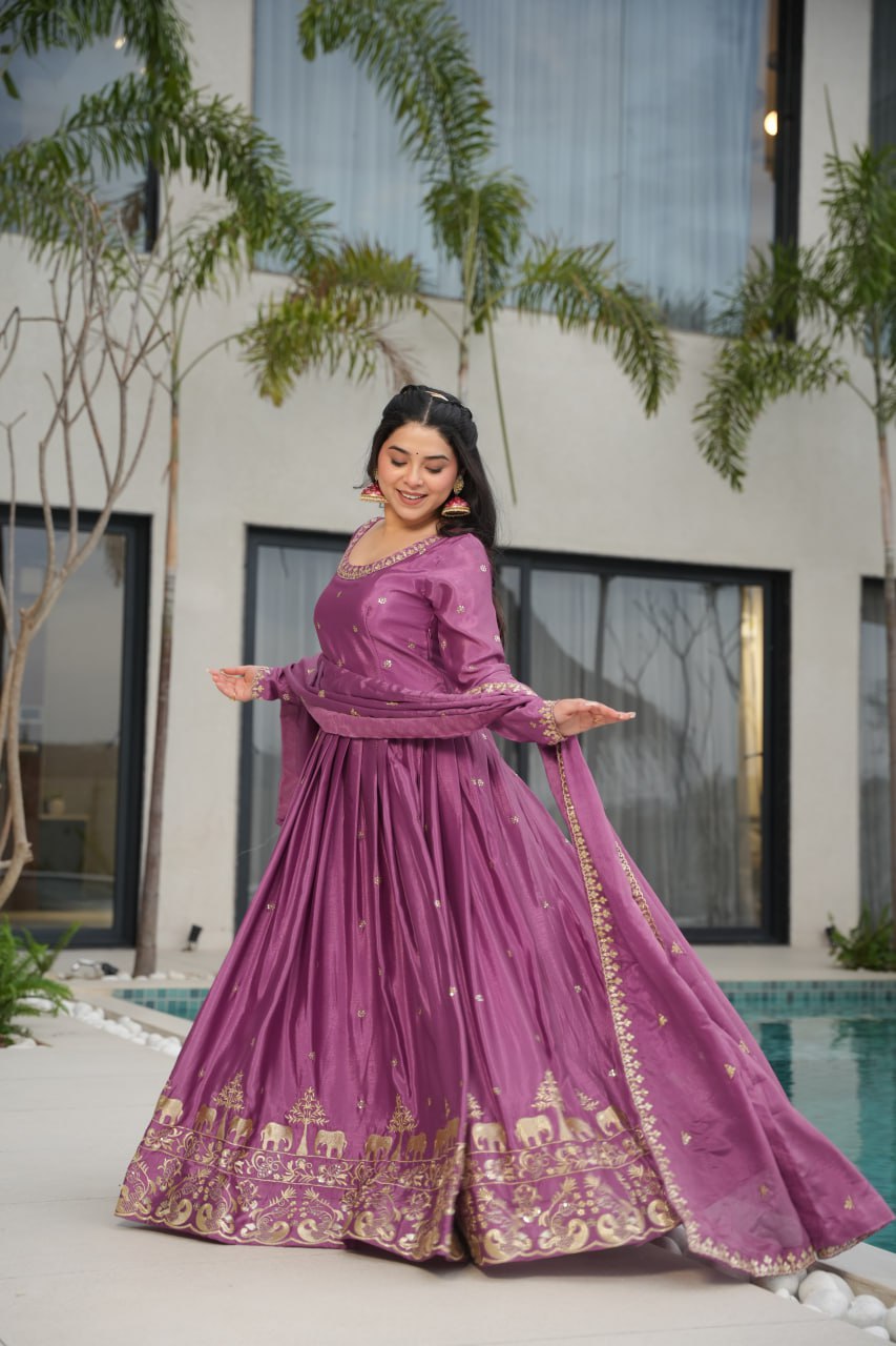 Onion color faux blooming gown with dupatta