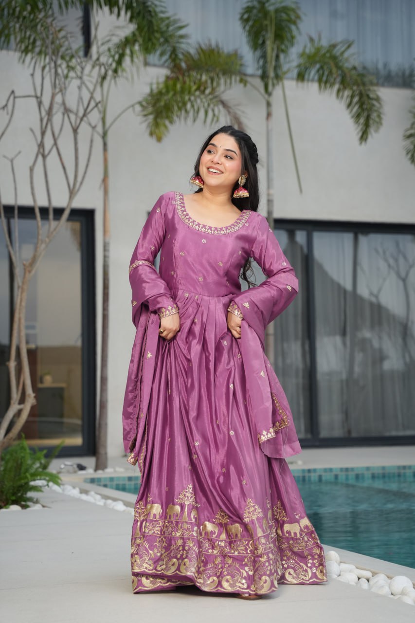 Onion color faux blooming gown with dupatta images
