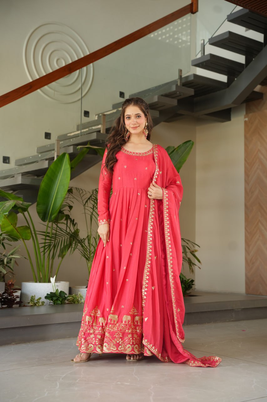Peach color chinon gown with dupatta online