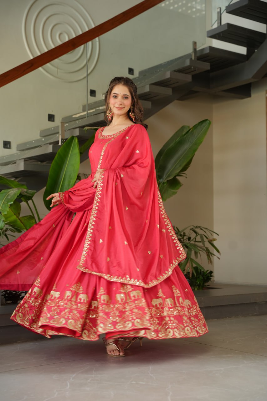 Peach color chinon gown with dupatta online shopping