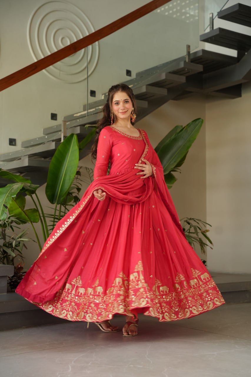 Peach color chinon gown with dupatta images