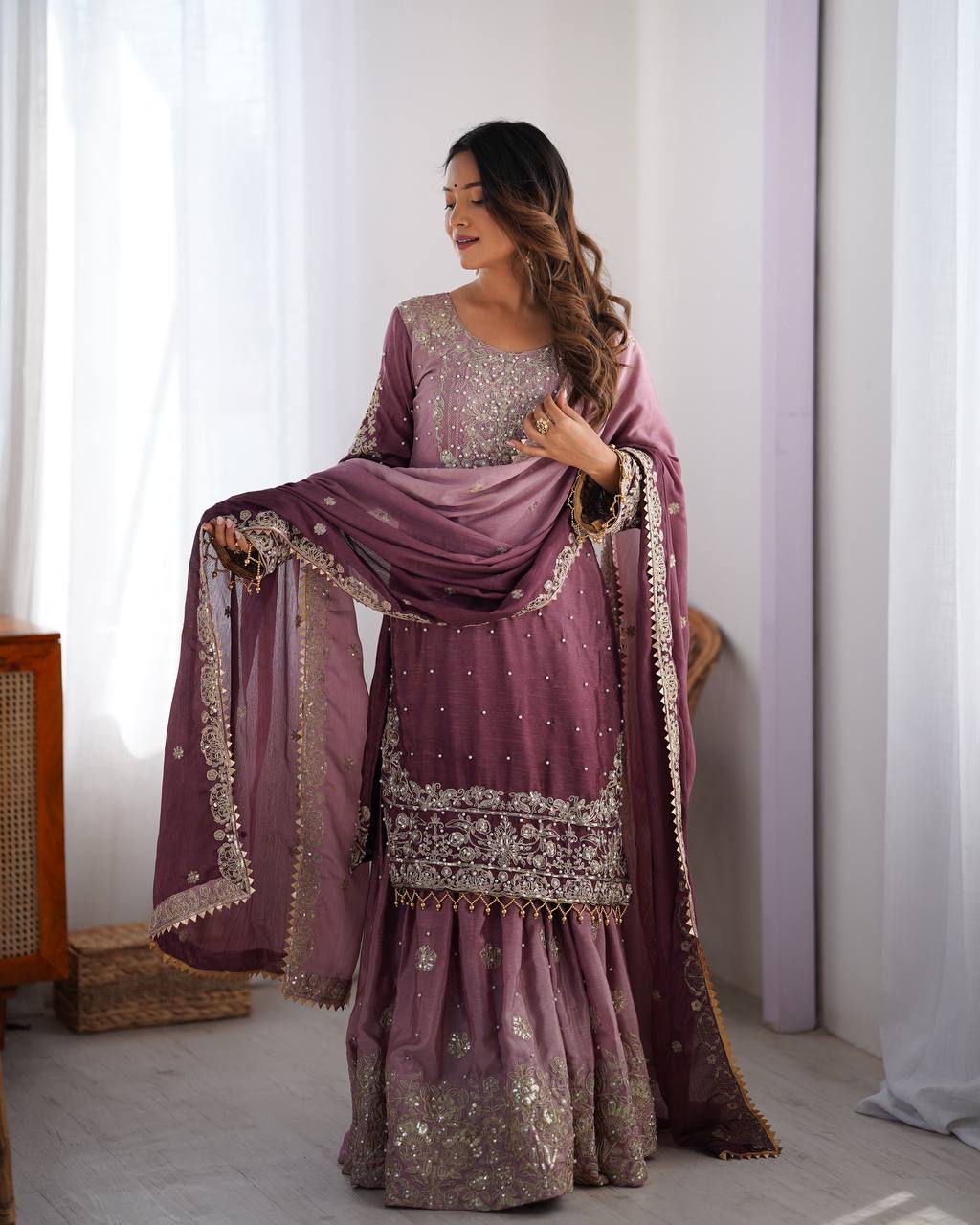 Mauve color tissue silk sharara suit for women