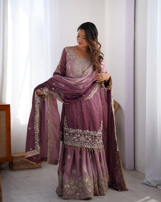 Mauve color tissue silk sharara suit for wedding