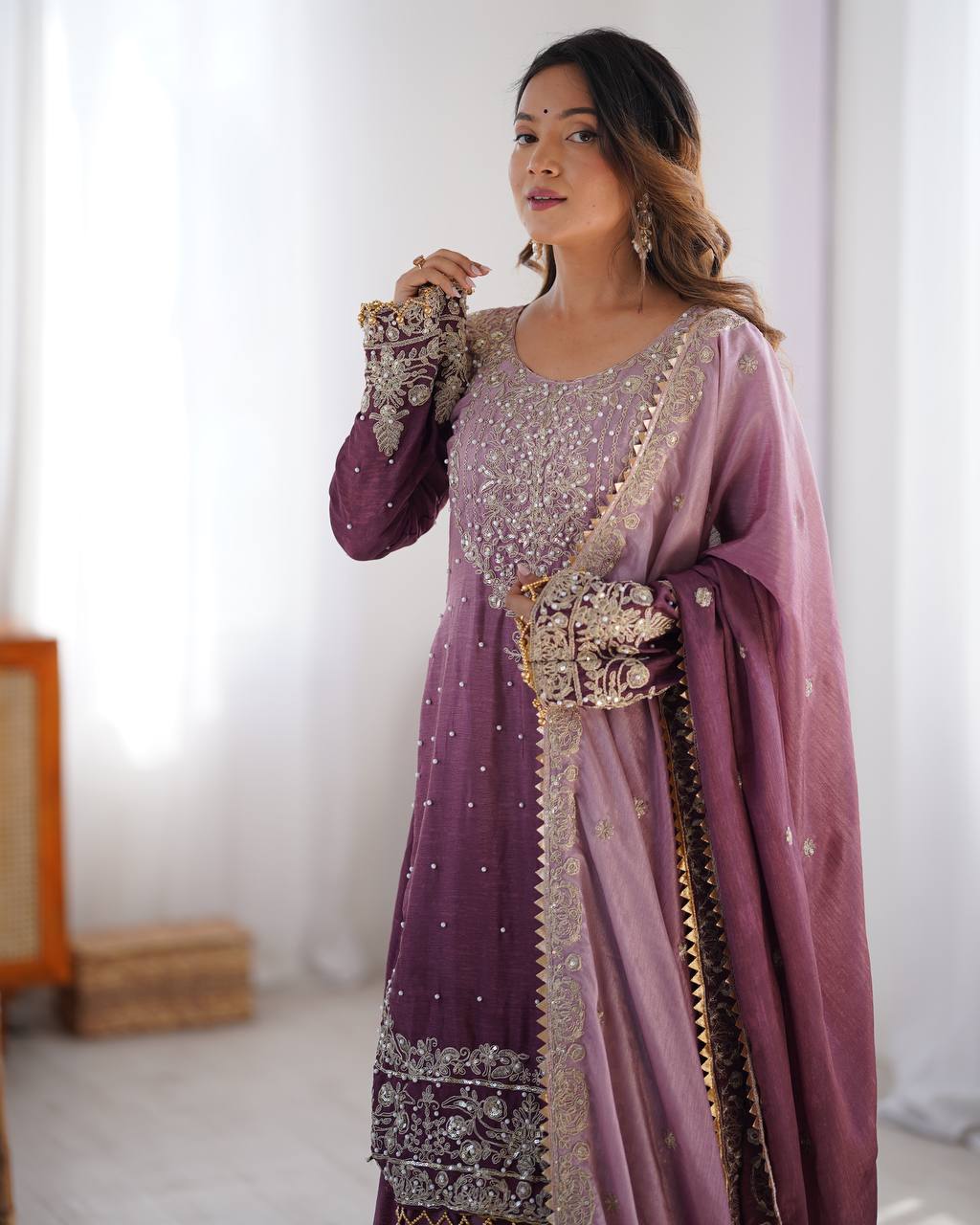 Mauve color tissue silk sharara suit with dupatta online
