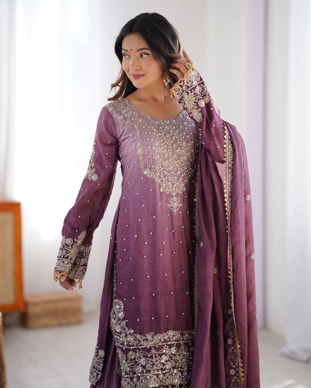 Mauve color tissue silk sharara suit with price