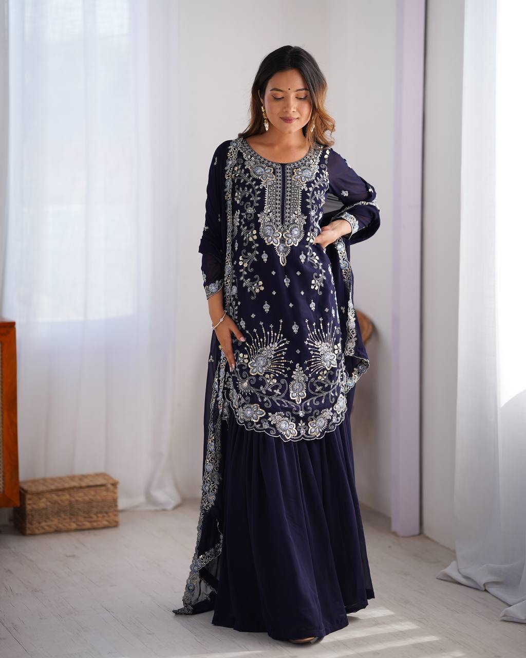 Navy blue color georgette sharara suit for women