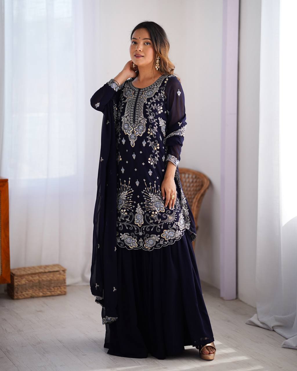 Navy blue color georgette sharara suit with dupatta online