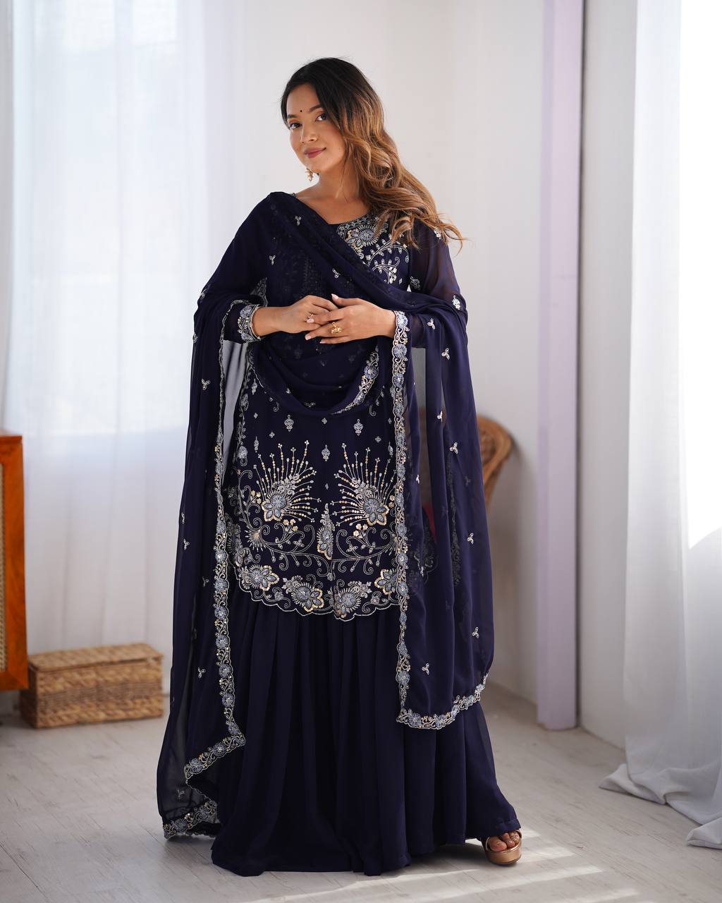 Navy blue color georgette sharara suit with dupatta price