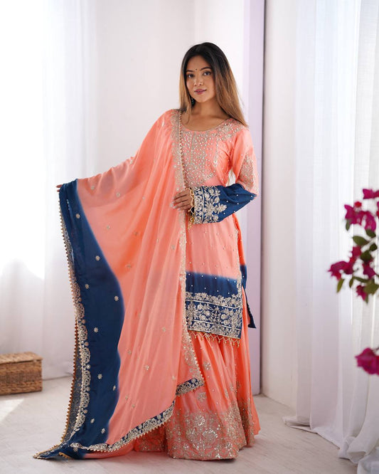 Peach color chinon silk sharara suit for wedding