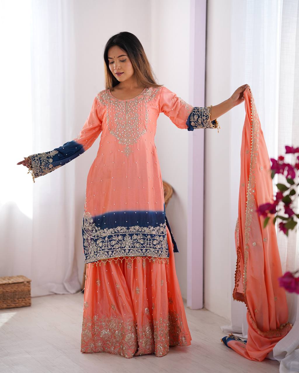 Peach color chinon silk sharara suit with dupatta price