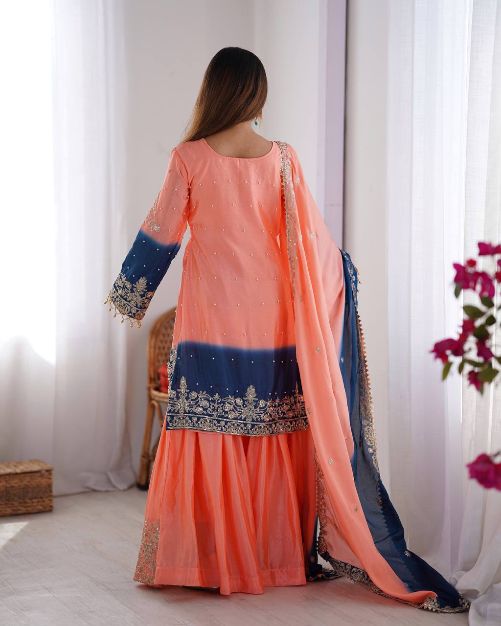 Peach color chinon silk sharara suit with images
