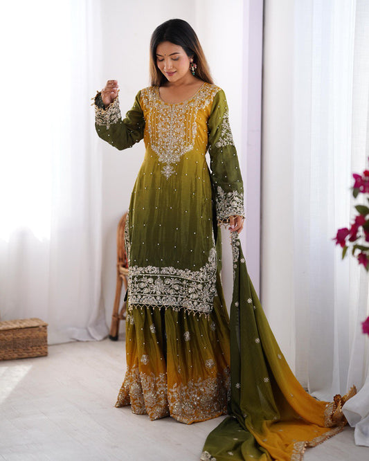 Green color chinon silk sharara suit for wedding