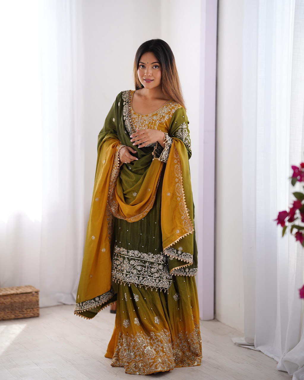 Green color chinon silk sharara suit with online shopping