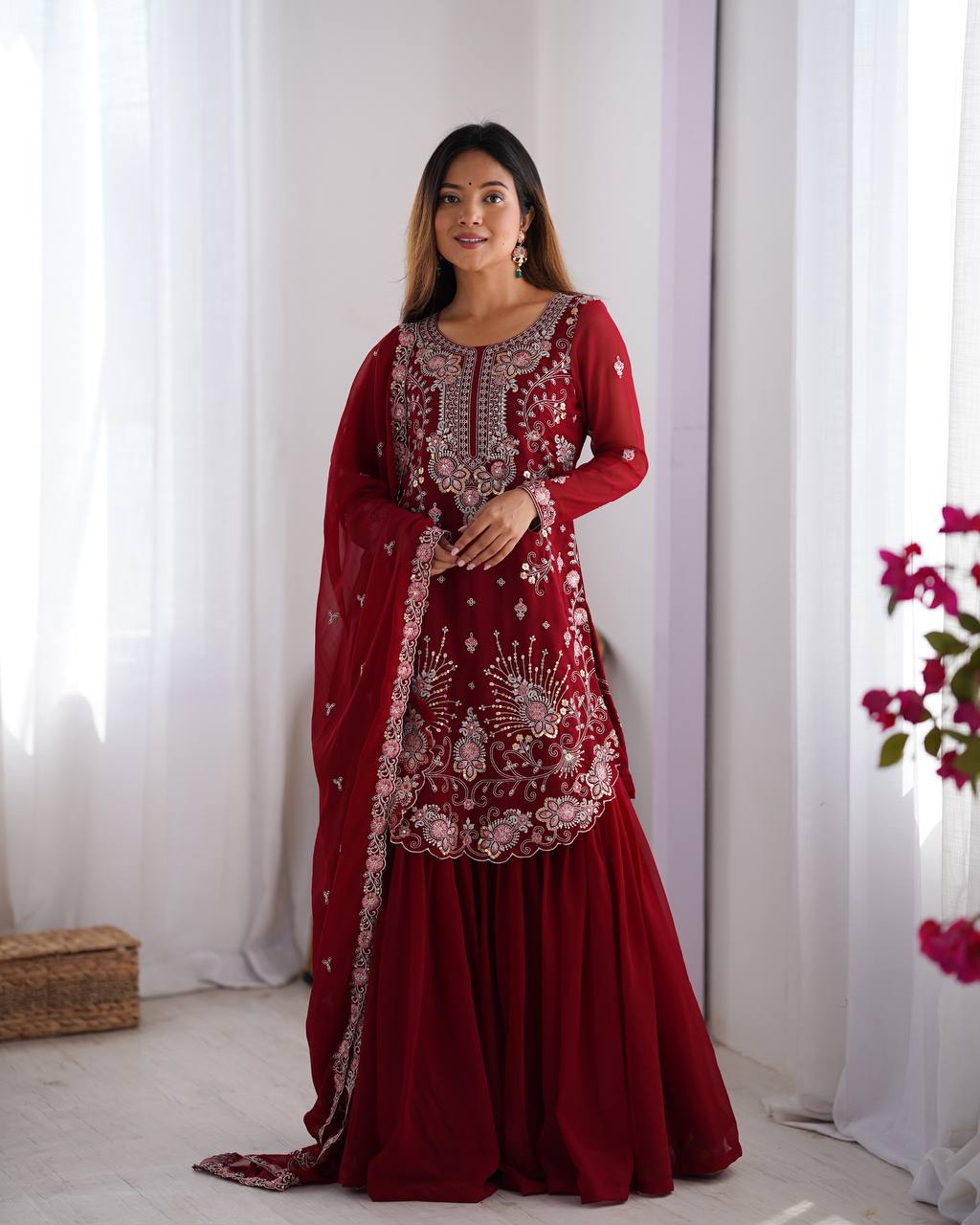 Bollywood Red Color Georgette Sharara Suit For Engagement Ragthm Bollywood Red Color Georgette Sharara Suit For Engagement Ragthm