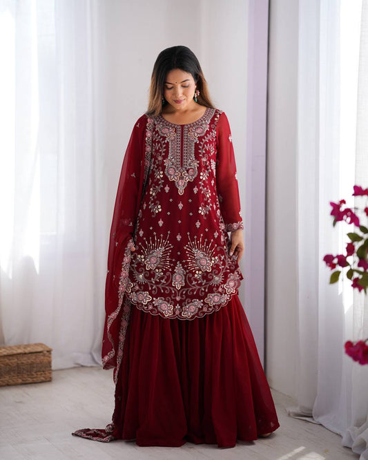Red color georgette sharara suit for wedding