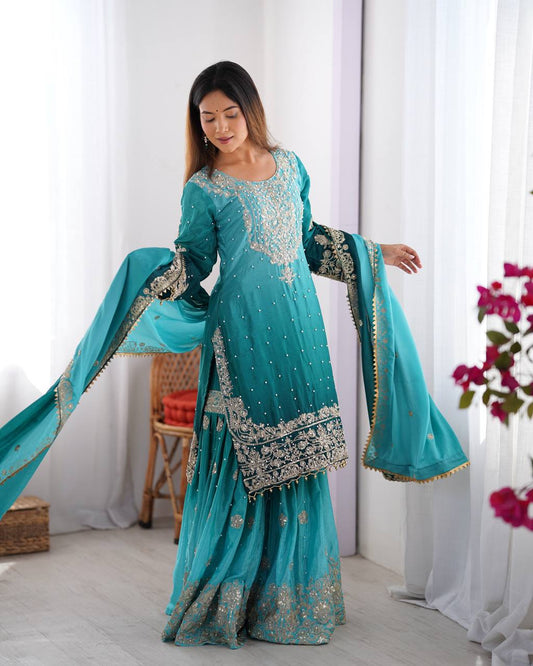 Sky color chinon silk sharara suit for wedding