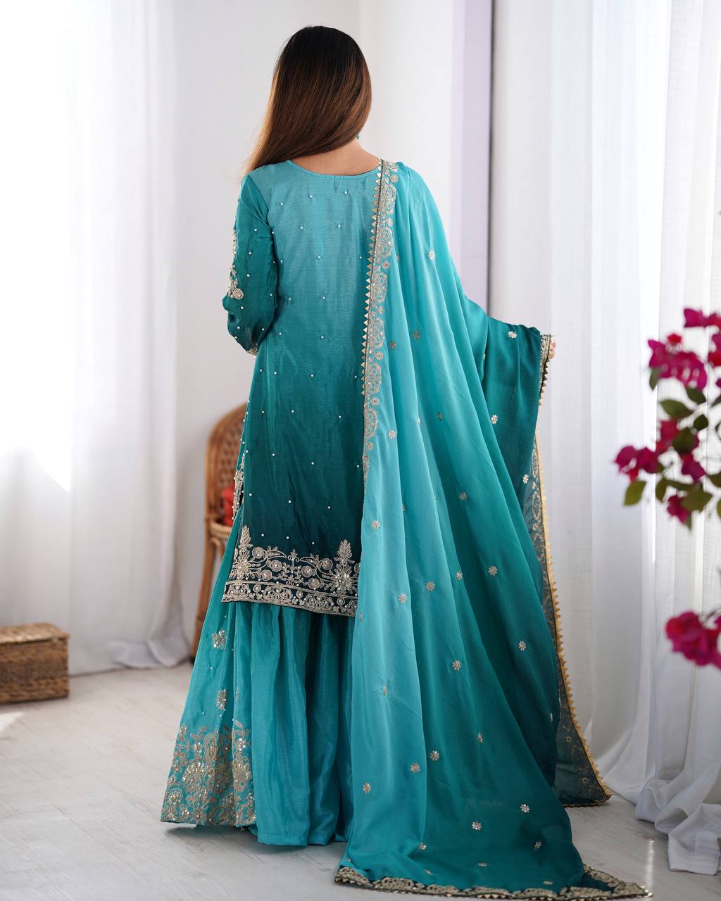 Sky color chinon silk sharara suit with blouse price