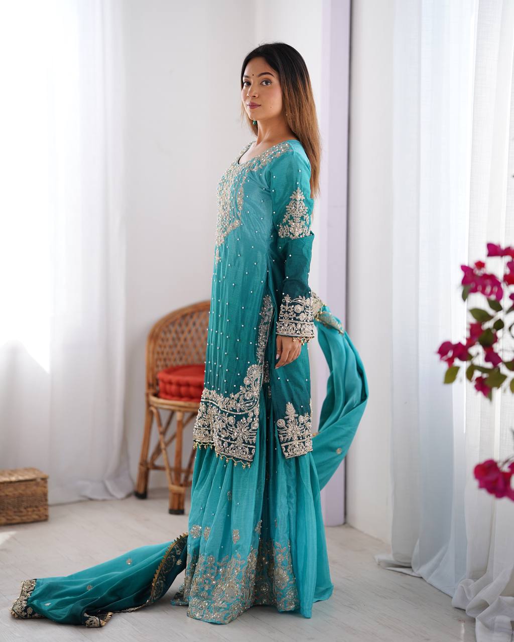 Sky color chinon silk sharara suit for wedding