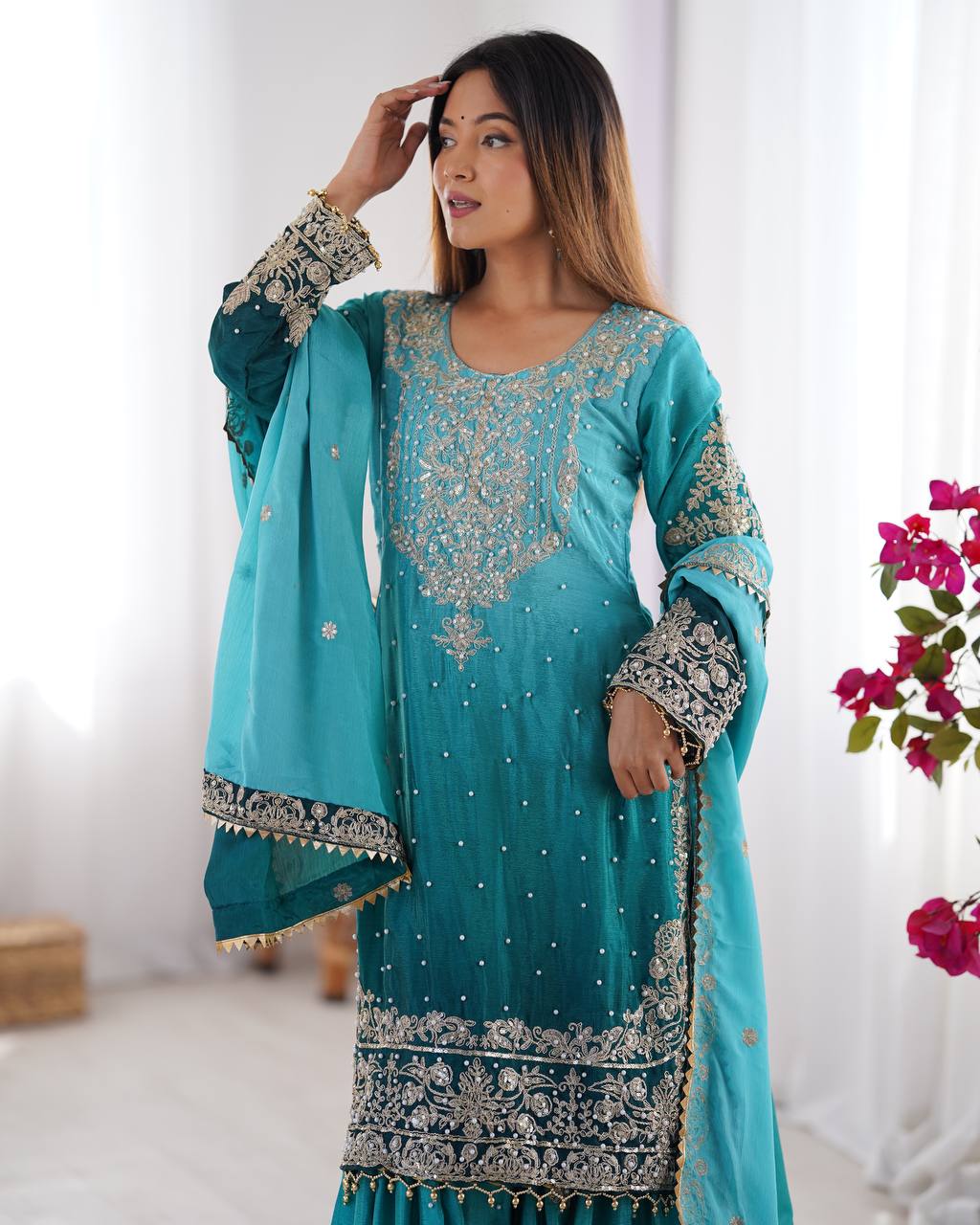 Sky color chinon silk sharara suit with dupatta online shopping