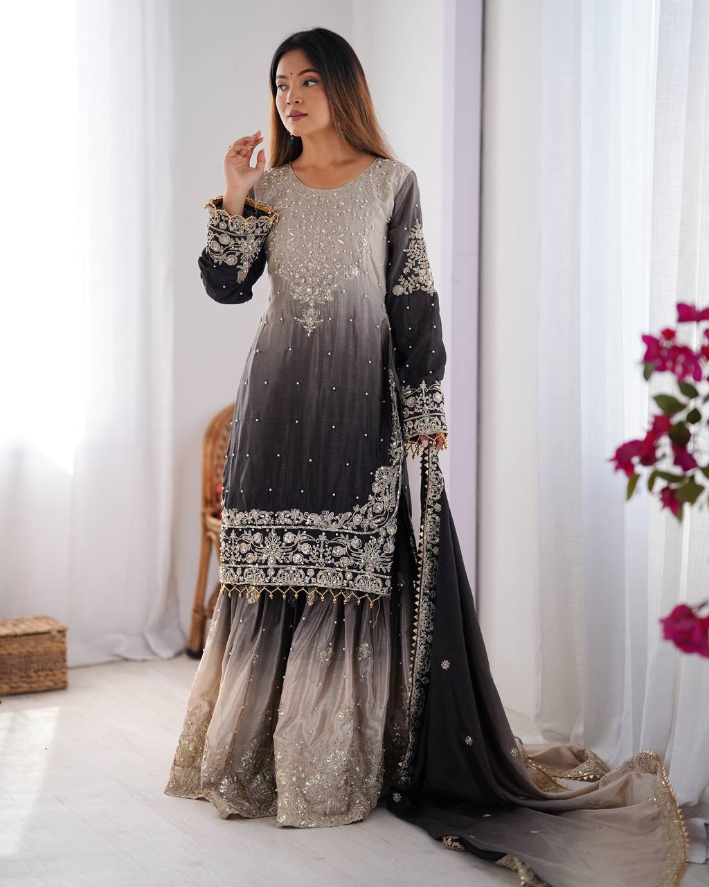Black color chinon silk sharara suit with dupatta