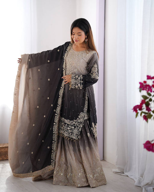 Black color chinon silk sharara suit for wedding
