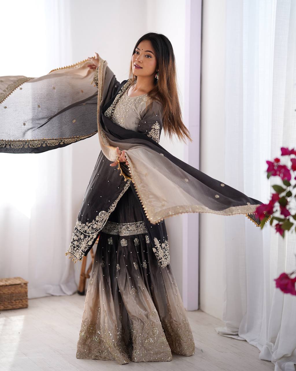 Black color chinon silk sharara suit with dupatta online