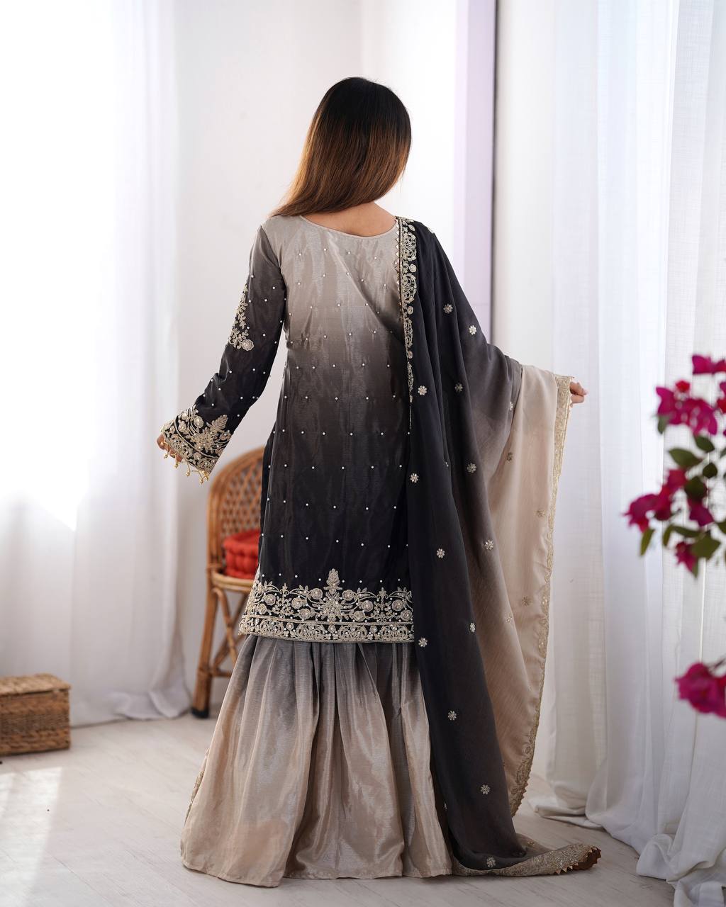 Black color chinon silk sharara suit with dupatta online shopping